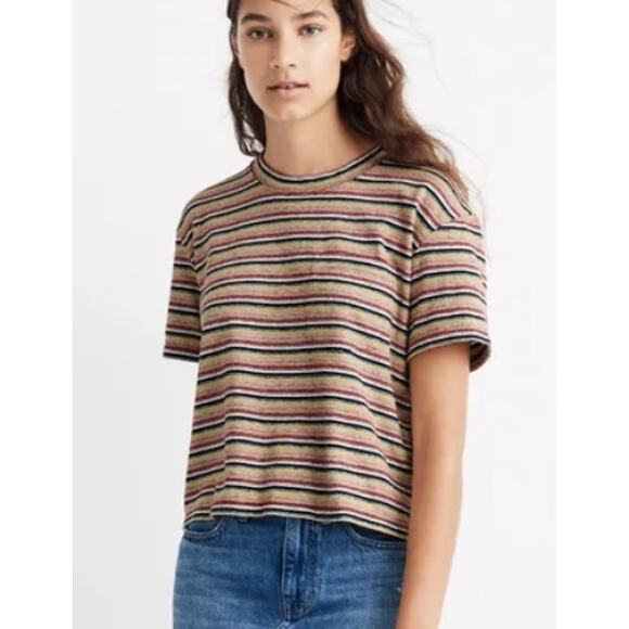 Madewell Textured Easy Cropped Tee Striped Cotton Blend XS - Picture 1 of 8